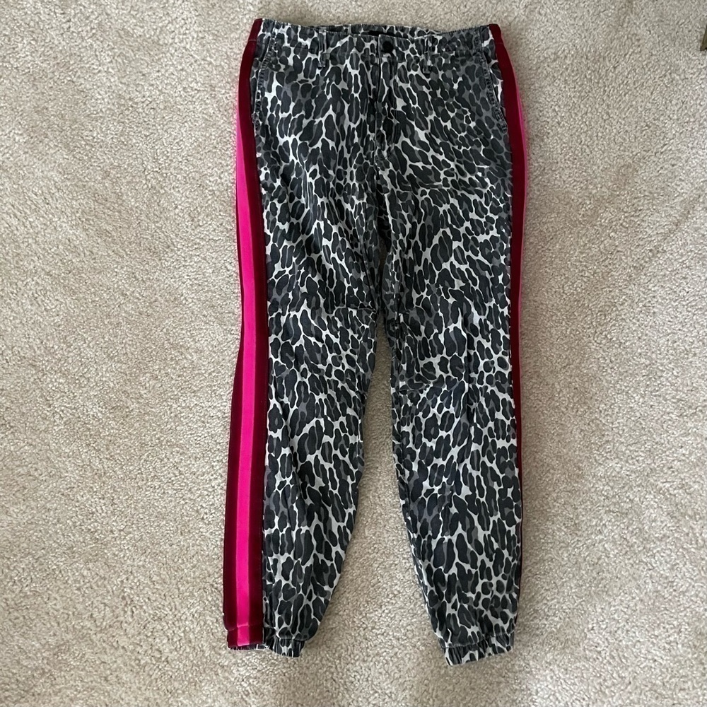 MOTHER Black and White Animal Print Pants with Pink Stripes